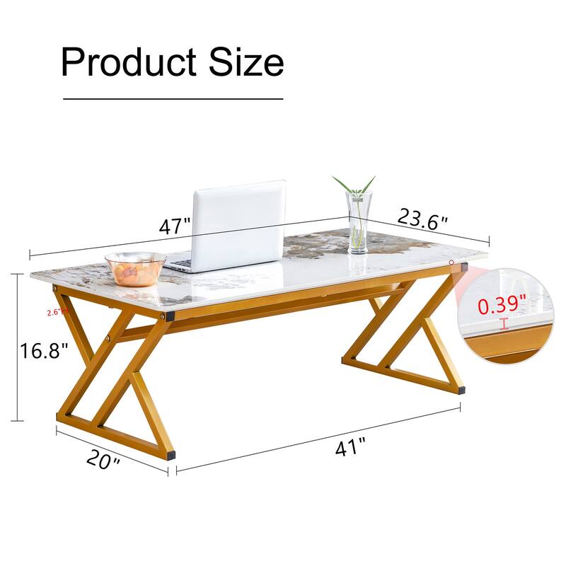 A modern minimalist style marble patterned coffee table with golden metal legs Computer desk Game table Tea table