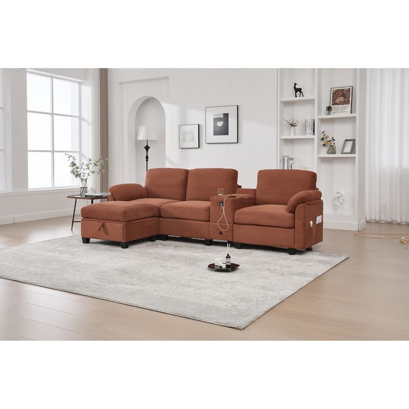 HOMEFUN Corduroy Upholstered L-Shaped 4-seater Storage Multifunctional Sectional Sofa with Storage Ottoman,Cup Holder and USB - Orange
