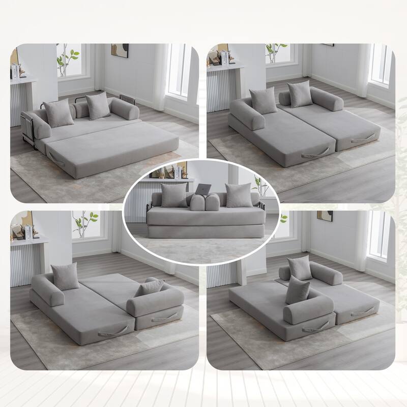 Foldable Modular Couch Sleeper Loveseat Sofa Bed with Storage Side Pocket, Detachable Metal Frame and Corduroy Fabric Cover - Light Grey