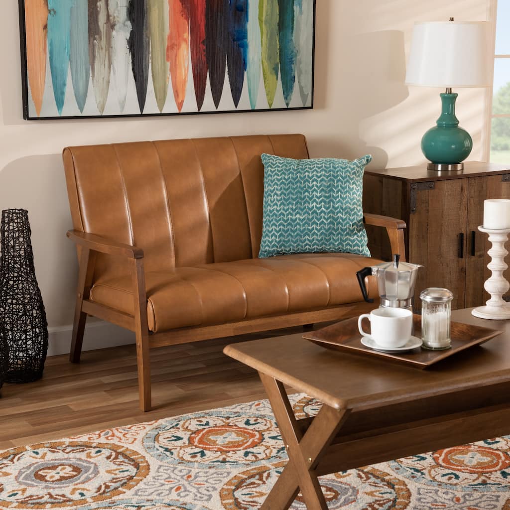 NikkoTan Faux Leather and Walnut Brown finished Wood Loveseat