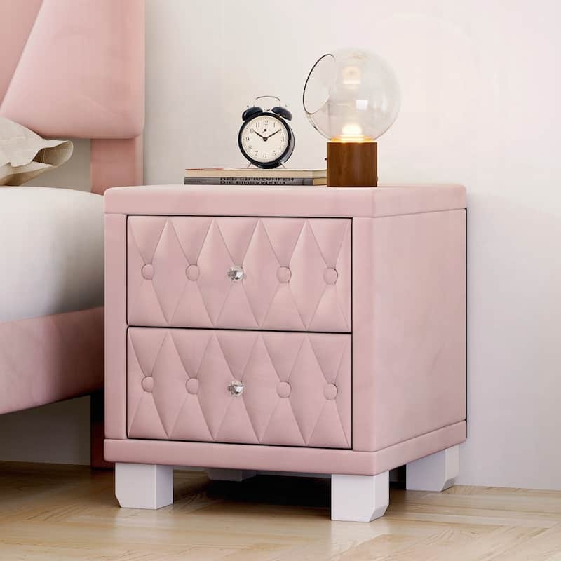 Elegant Velvet Nightstand with 2 Drawers and Crystal Handle