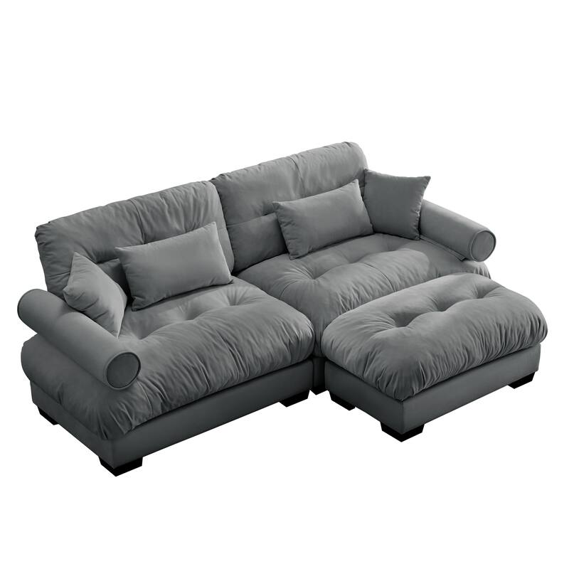 GDFStudio - Meridian Velvet 2-seater Cloud Sofa with Ottoman and Round Bolster Armrests