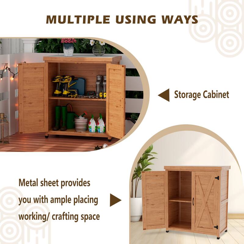 Wooden Patio Furniture with Metal-Tabletop, Potting Bench with Storage Cabinet, Outdoor Patio Storage Cabinet with Shelves