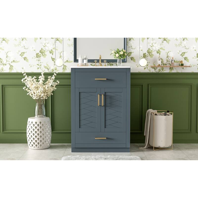 Roomfitters 24 Inch Bathroom Vanity with Integrated Ceramic Sink, Storage Cabinet & Tilt-Down Compartment