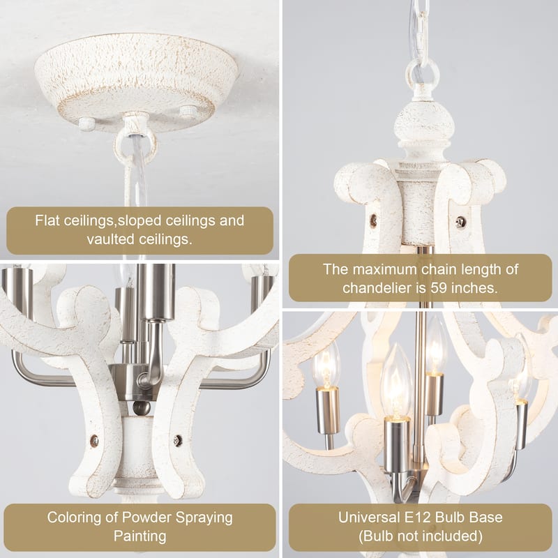 4-Light 14.56-inch Wooden Lantern Rustic Chandeliers for Entryway Hallway