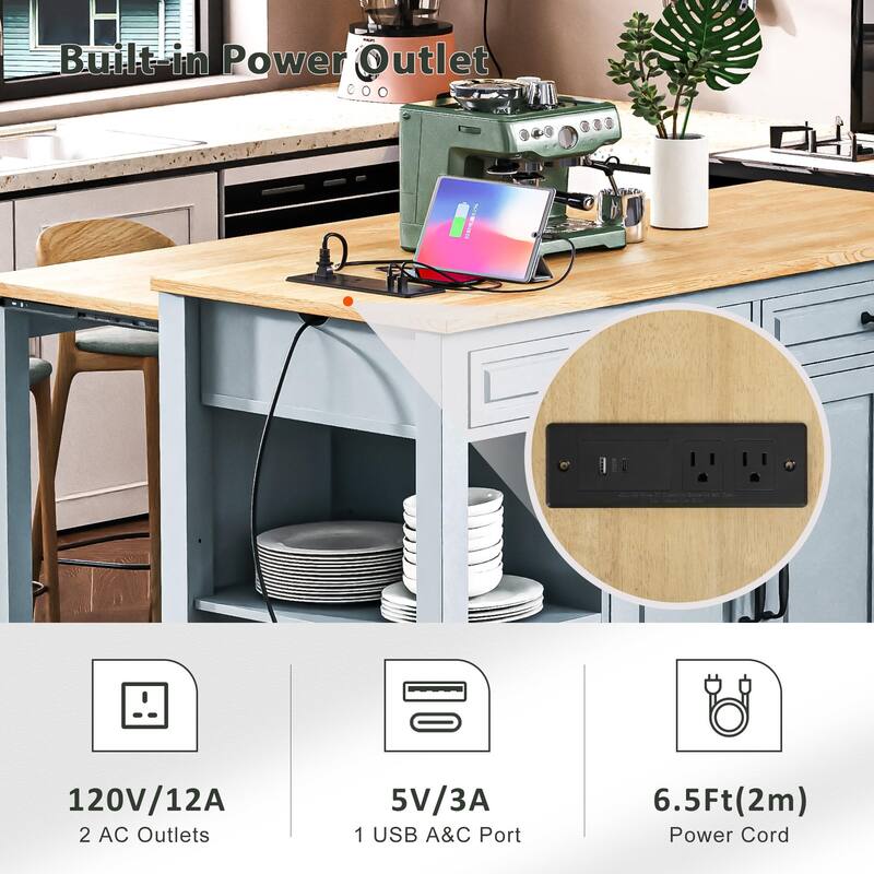 47 Inch Kitchen Island with Extendable Table Rubber Wood Veneer 2 Drawers 2 Cabinets Power Outlet