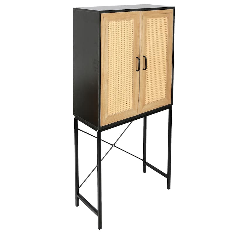Elegant Tall Storage Cabinet with 2 Rattan Doors,X-Shaped Supporting Bars