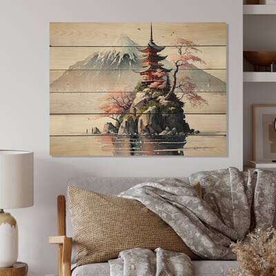Designart 'Japanese Landscape In Watercolor I' Japon Landscape Wood Wall Art - Natural Pine Wood