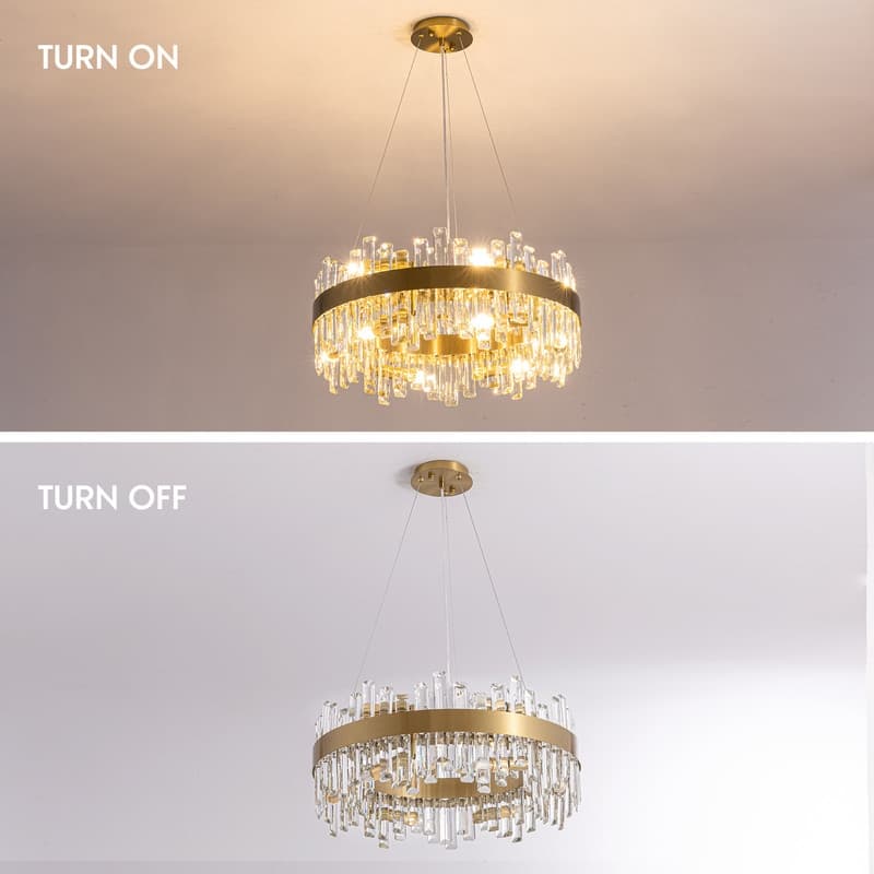 24 in. 2-Tier Modern Crystal Chandelier Brass Gold Round Crystal Raindrop Chandelier Contemporary Pendant Light for Dining Room