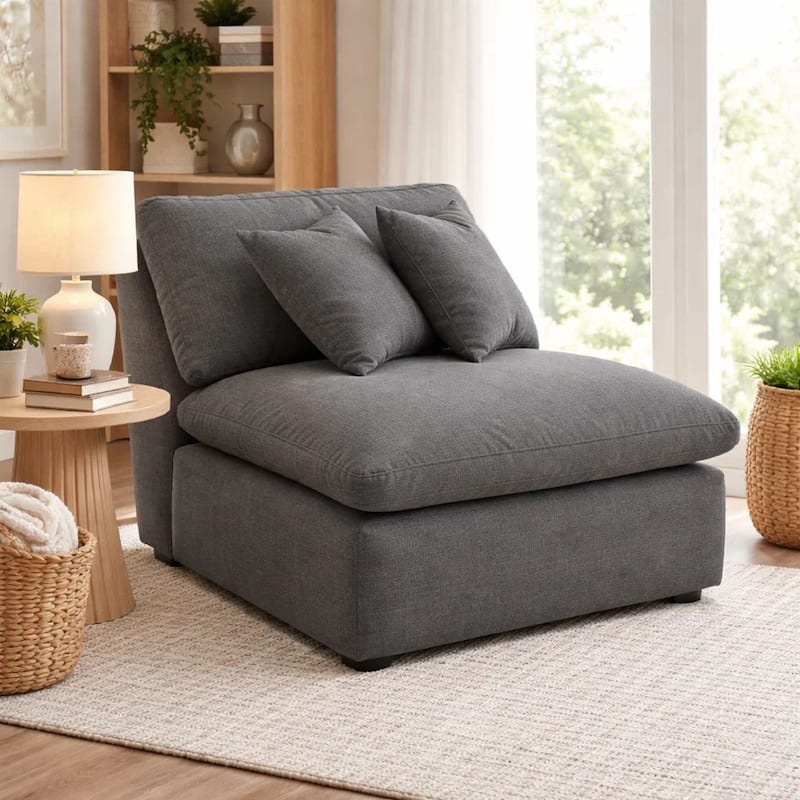 Hobo Modular Armless Chair, Charcoal Gray Fabric, 2 Pillows, 38 Inch