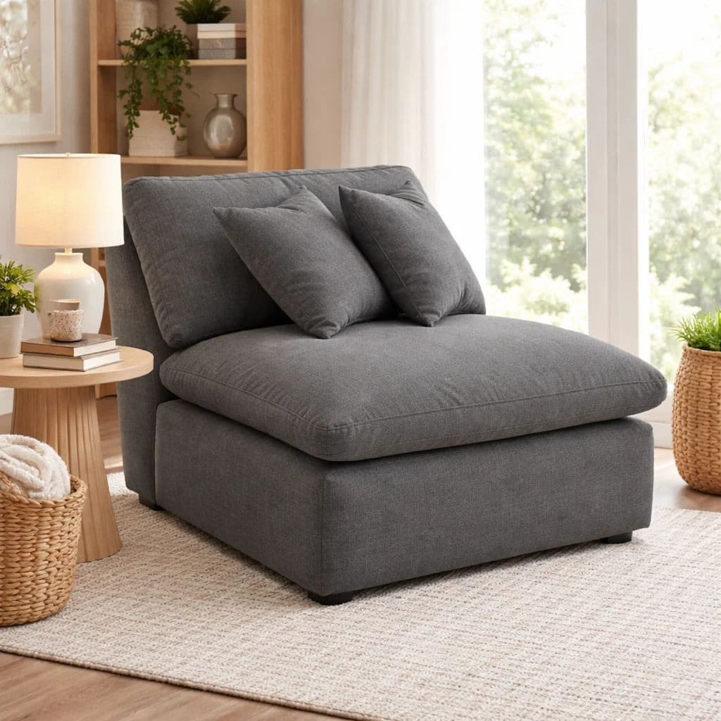 Hobo Modular Armless Chair, Charcoal Gray Fabric, 2 Pillows, 38 Inch