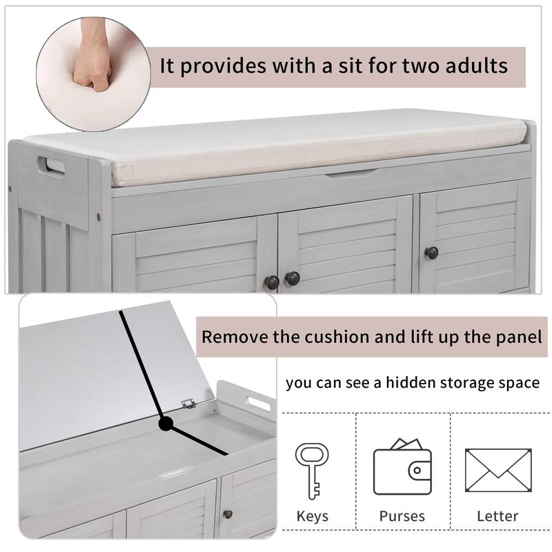 Storage Shoes Bench with 3 Shutter-shaped Doors and Removable Cushion