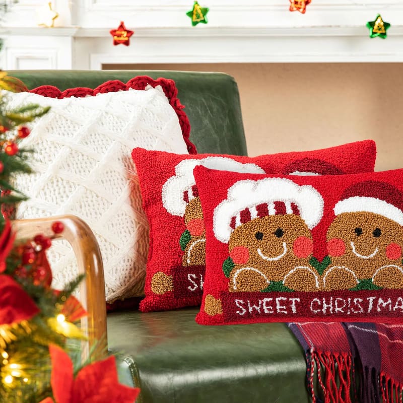 Glitzhome 18"L Hooked Gingerbread Boy & Girl Christmas Throw Pillow