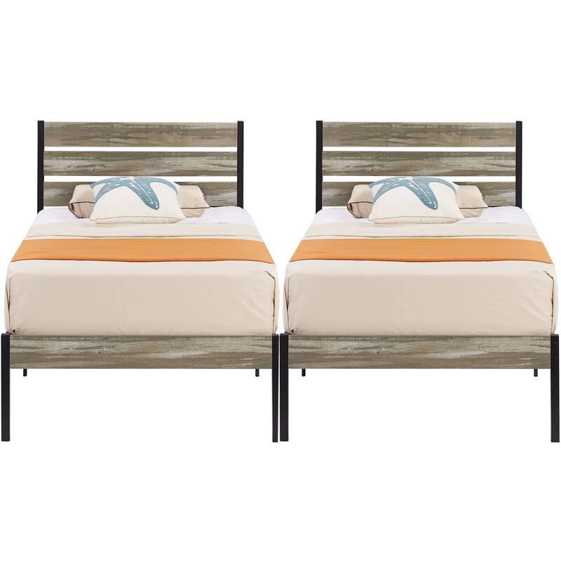 VECELO Twin Size Kids Bed Frames with Headboard and Footboard,Twin Size Bed Set of 2 - Slate