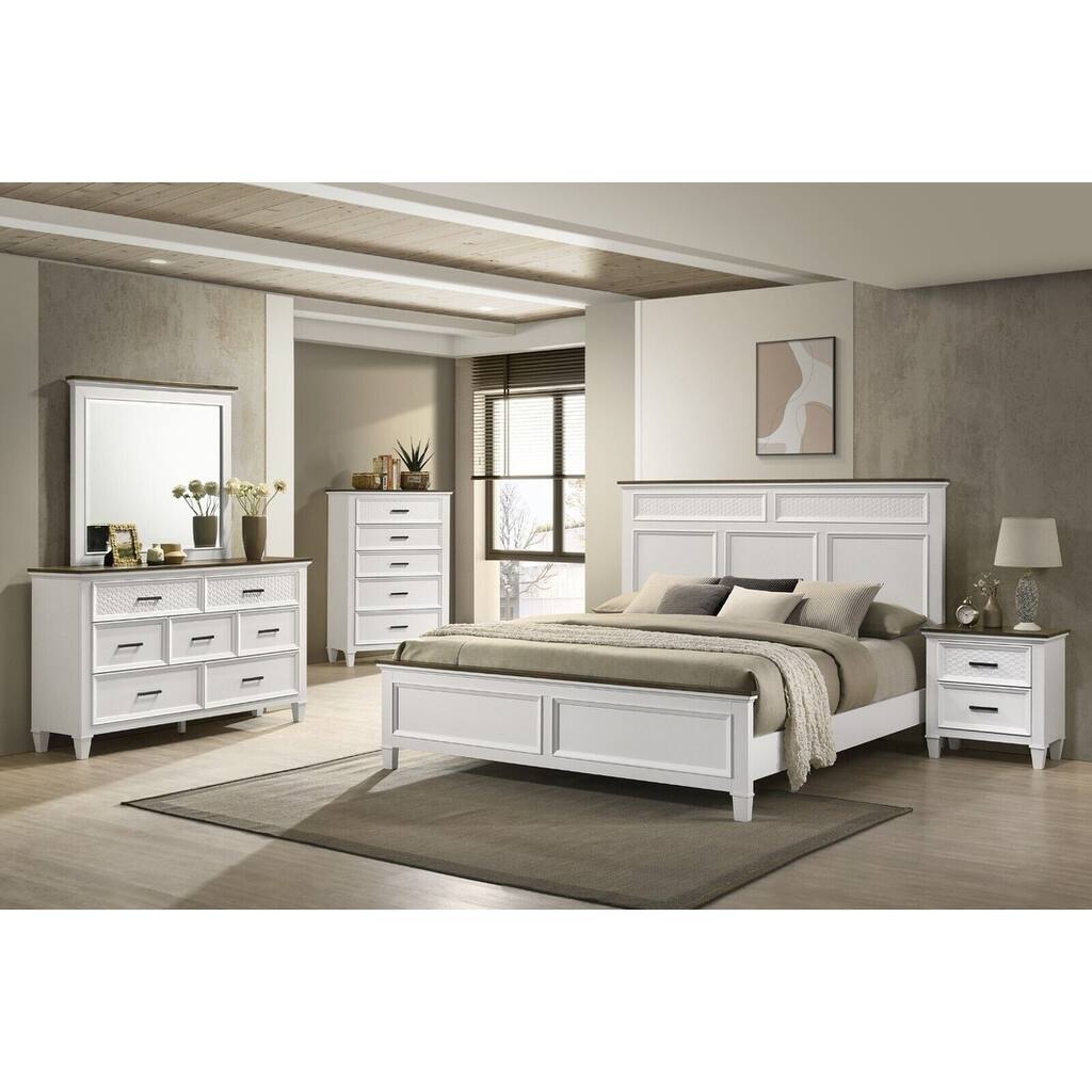 White Two/ Tone Solid Wood Wooden Panel Bed 6pc Master Bedroom Set