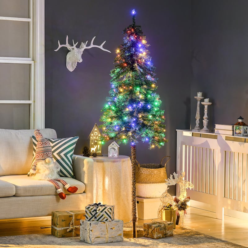 HOMCOM Pre-Lit Pencil Artificial Tree - Warm White/Colorful LED Lights, Steel Base - Green