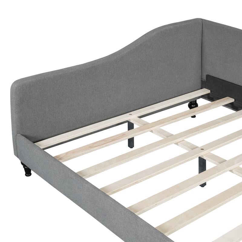 Twin/Full Size Upholstered Daybed, Linen Fabric Sofa Bed with Solid Wood Legs and L Shaped Backrest, Solid Wood Bedframe