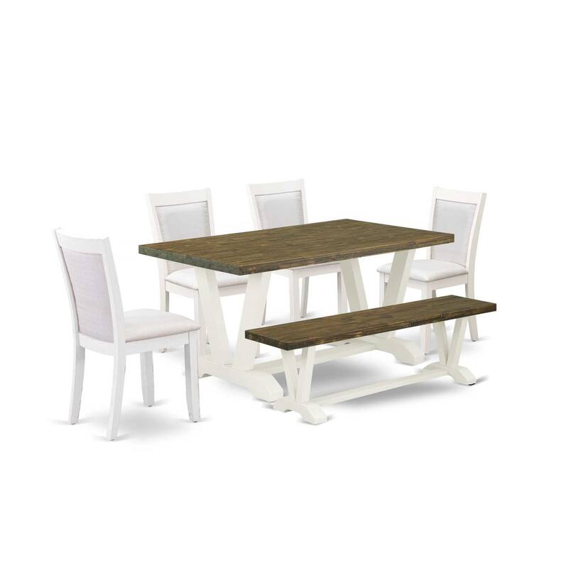 HomeStock 6-Piece Rectangle Wire Brushed Linen White Finish Solid Wood Top Dining Table with 1-Bench, 4-Chairs