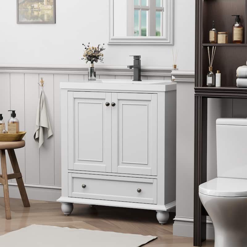 Retro Bathroom Vanity Cabinet Solid Wood Classic with Ceramic Sink
