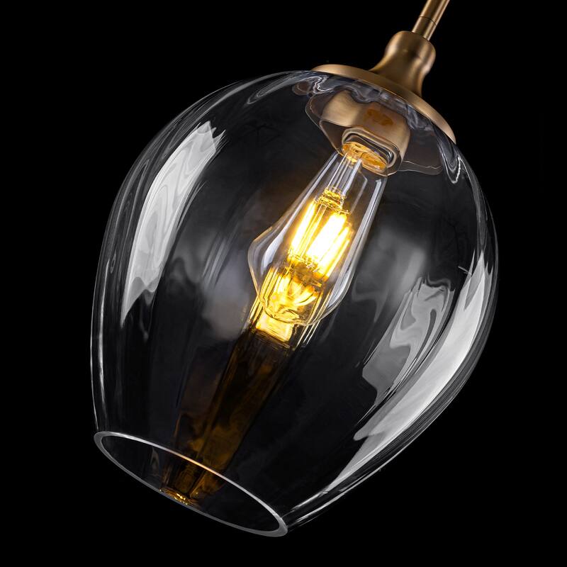 Modern Matte Brass Pendant Light Teardrop Ribbed Clear Glass Shade - Dia.9.06-in