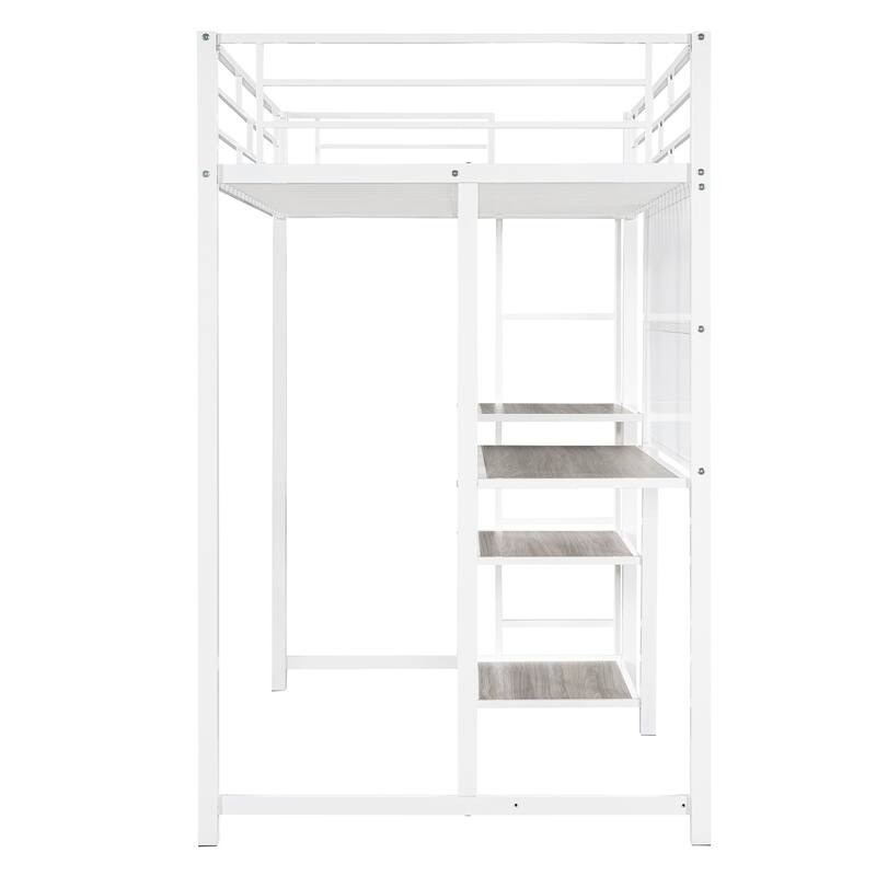 Twin Size Metal Loft Bed with Desk, Shelves, and Ladder