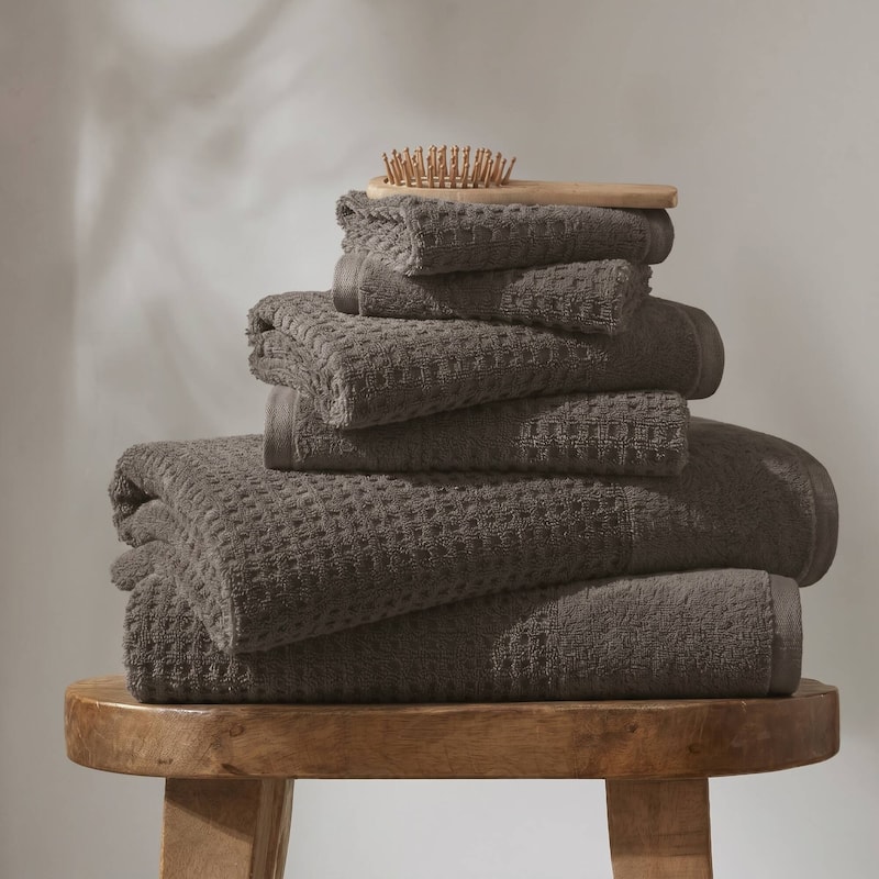 Madison Park Spa Waffle Cotton Waffle Jacquard Antimicrobial Bath Towel 6 Piece Set - Charcoal