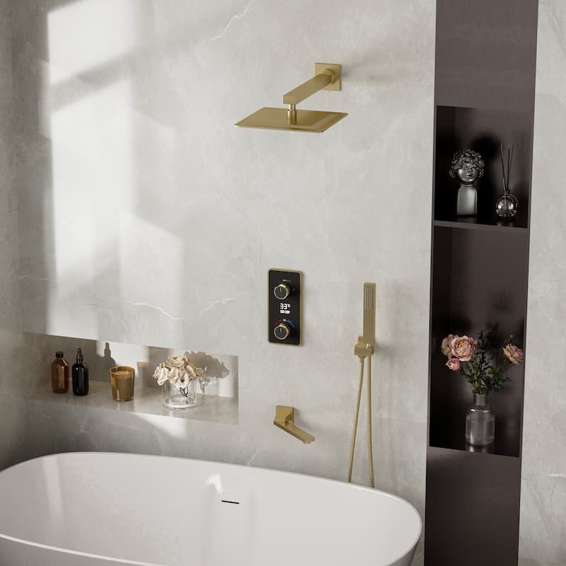3-Way Thermostatic Complete Rainfall Shower System with Rough in-Valve Rain Shower Heads,Black/Gold