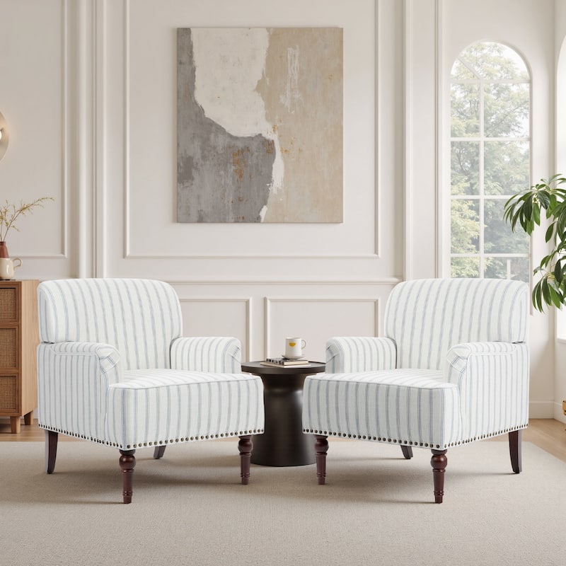 2 Set Upholstered Accent Chairs Nailhead Trim Armchairs - Pinstripe Light Blue