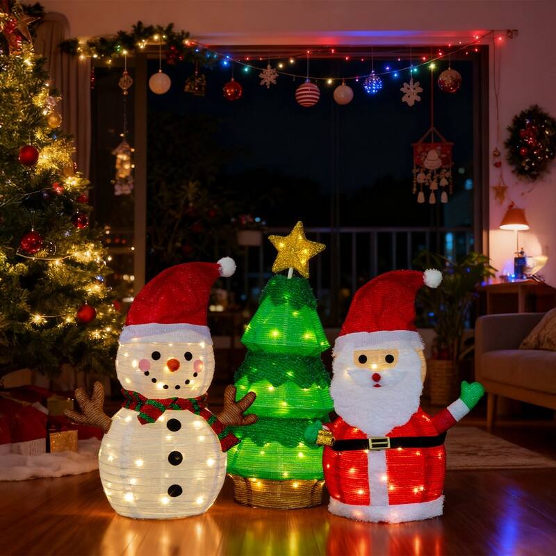 Set of 3 Lighted Santa and Snowman and Xmas Tree Christmas Decorations - White+Red+Green