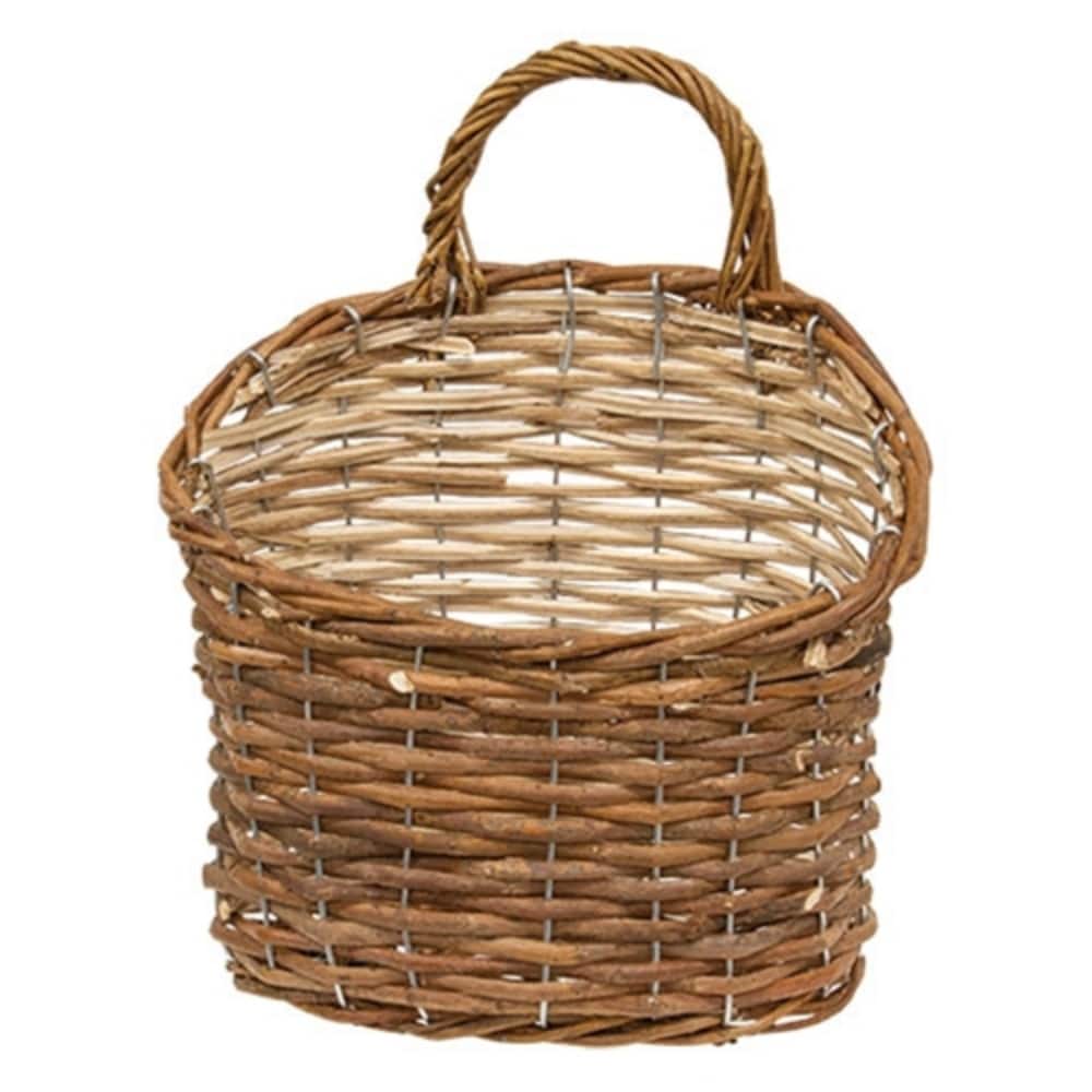Farmhouse Wall Basket Decor, Brown Woven Willow Hanging Pocket with Handle for Home or Garden - 10.5" H x 8" W x 4" D