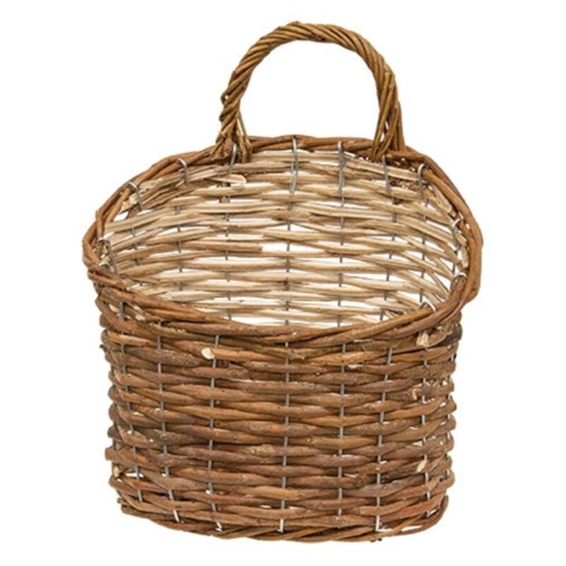 Farmhouse Wall Basket Decor, Brown Woven Willow Hanging Pocket with Handle for Home or Garden - 10.5" H x 8" W x 4" D