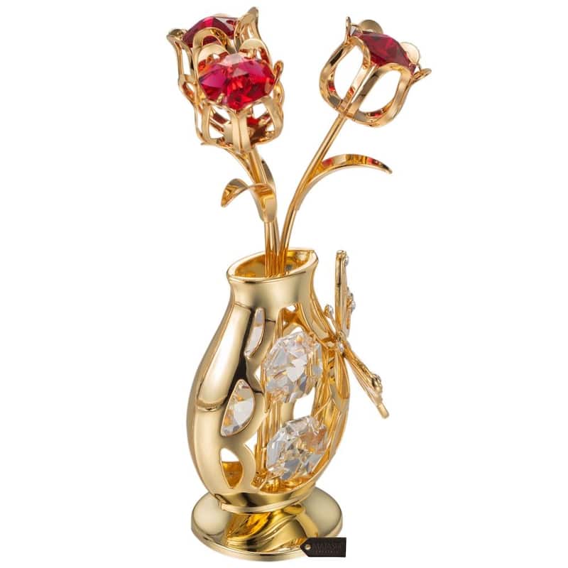 Matashi 24K Gold Plated Crystal Studded Flower Ornament in a Vase with Decorative Butterfly for gifts and home decor