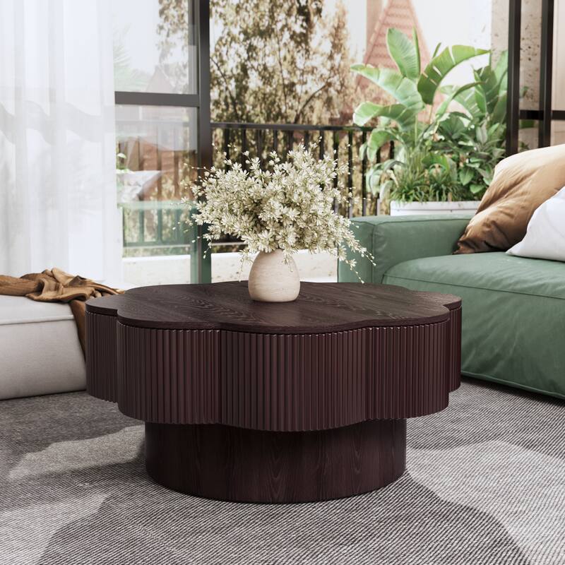 Modern Solid Wood Veneered Round/Oval/Rectangular Coffee Tea Table with Storage.