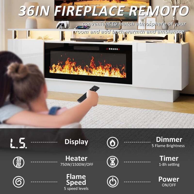 BOSSIN 70" Modern Electric Fireplace TV Stand, with Electronic Flame and LED Lights, High Gloss Finish Entertainment Center