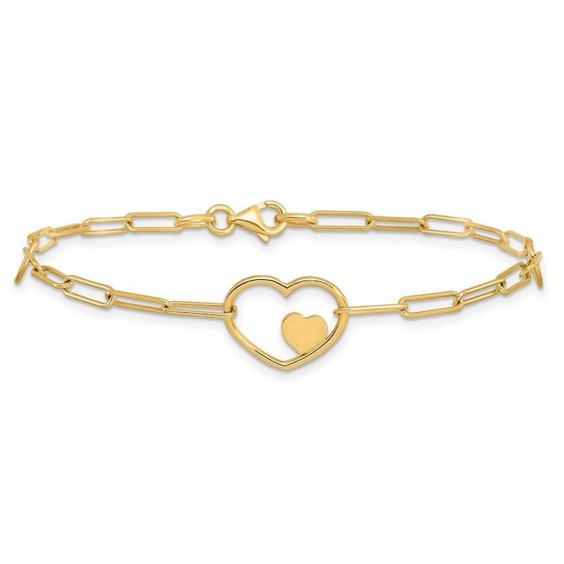Curata 14k Yellow Gold 7.25" 14.3mm Paperclip Link Double Heart Bracelet