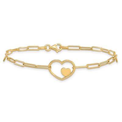 Curata 14k Yellow Gold 7.25" 14.3mm Paperclip Link Double Heart Bracelet