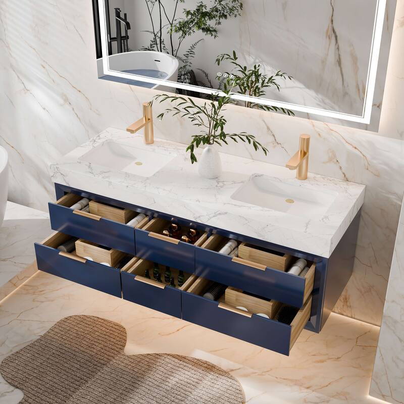 Modland 60" Modern Floating Bathroom Vanity with Double Sink, Soft-Close Drawers, White Stone Countertop