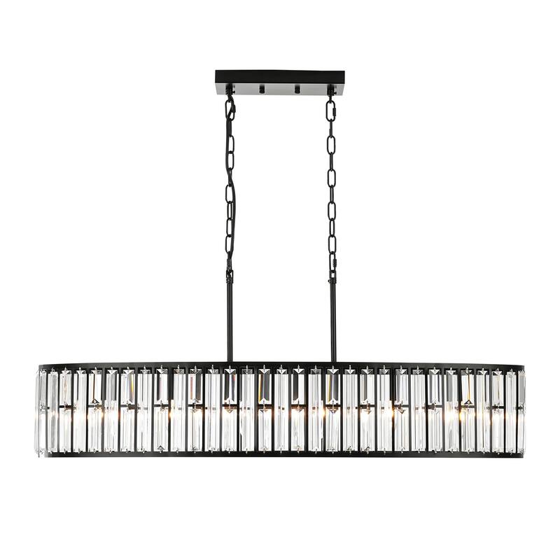 6-Light Modern Vintage Black Crystal Chandelier with Curved Drum Frame, Rectangular Island Pendant Light
