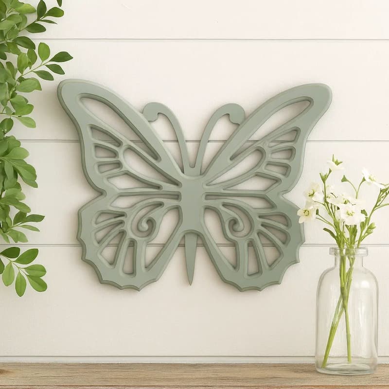 Set of 2 Wooden Butterfly Wall Plaque with Cutout Detail, Light Gray