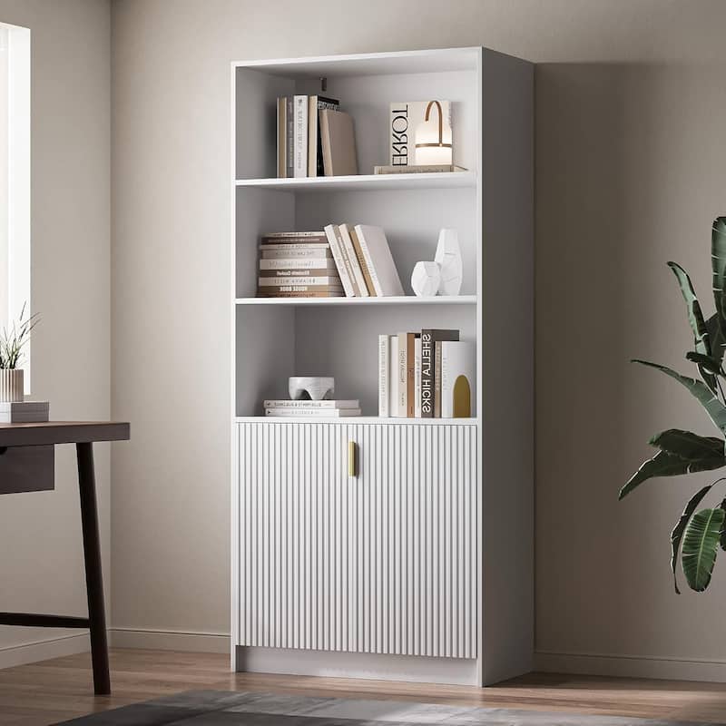 70.8 Inch Modern Display Cabinet Fluted Doors Gold Handle Bookcase Living Room Office - White