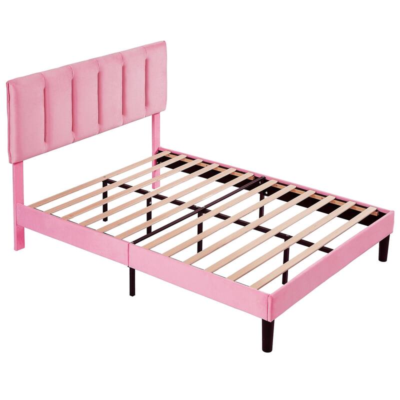 VECELO Pink Tufted Upholstered Platform Bed Frame with Adjustable Height Headboard Twin/Full/Queen Size Beds