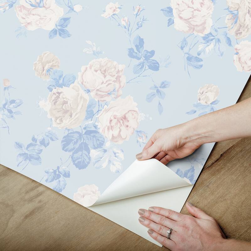 LoveShackFancy A-Street Prints Everblooming Rosettes Whisper Blue Cabbage Rose Bouquets Wallpaper
