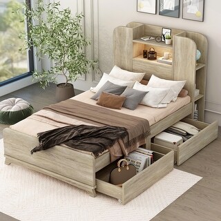 Twin Size Platform Bed Frame with LED Headboard, 2 Drawers, and 6 Storage Shelves, Solid & Silent Construction, Oak Finish