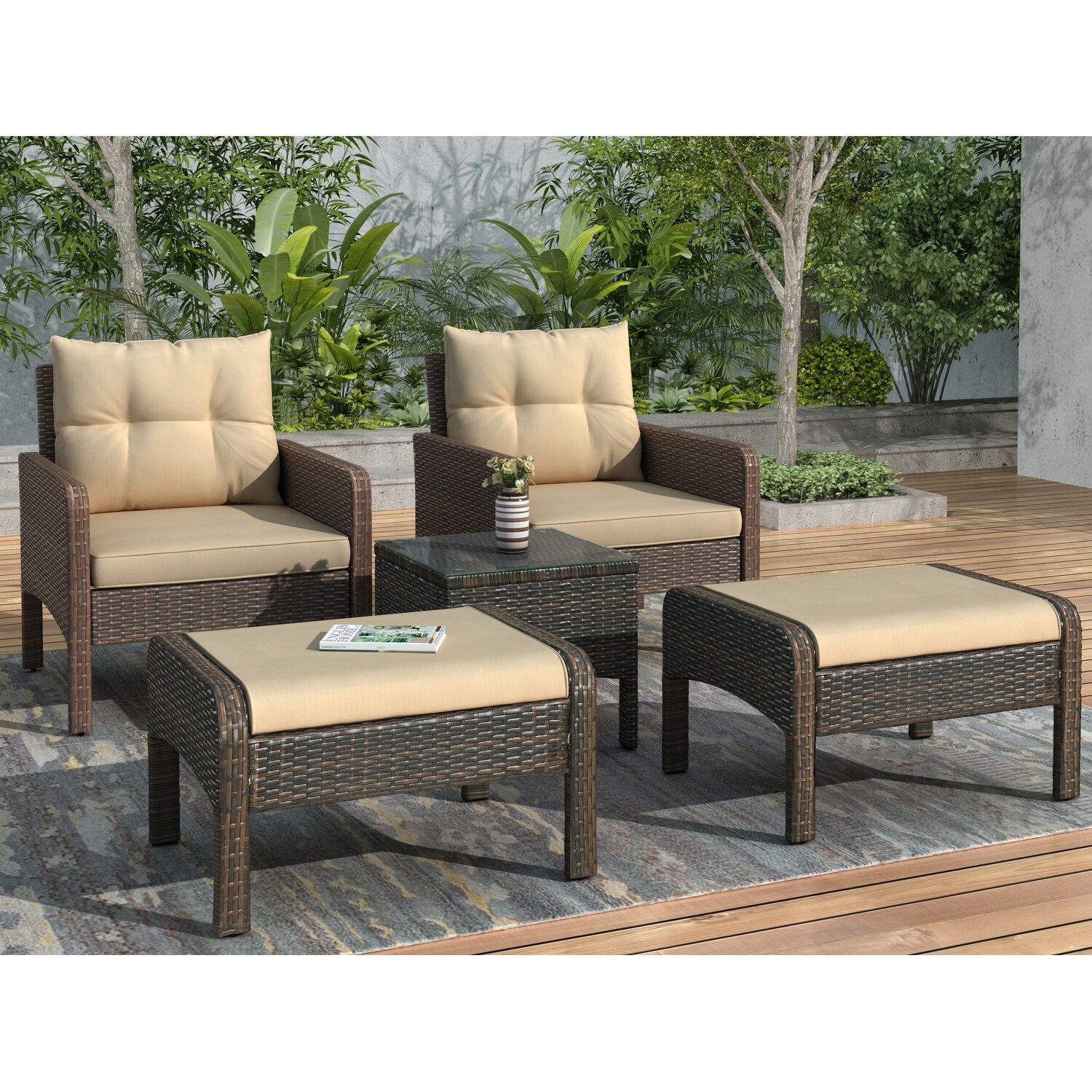 Shop 5 Piece Wicker Patio Conversation Set With Coffee Brown Cushions Overstock 32018328