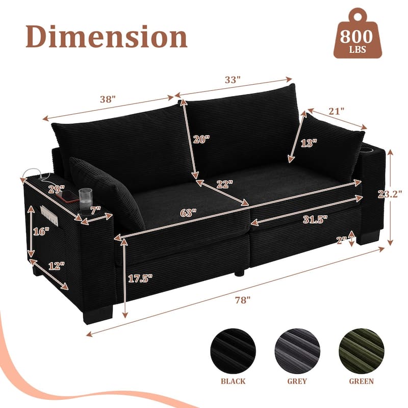 78" Corduroy 3-Seater Sofa with USB Ports, Cup Holders and Side Pockets