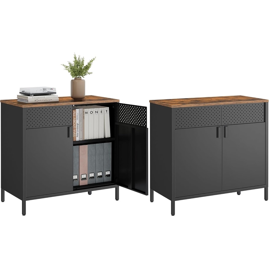 Storage Cabinet Set with Magnetic Closure and Adjustable Shelf, Rustic Finish