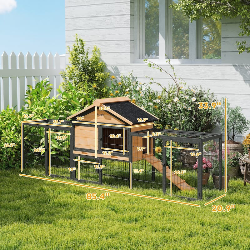 PawHut Rabbit Hutch Outdoor, 85" Large Wooden Bunny Cage with Steel Run, Removable No Leakage Tray - N/A