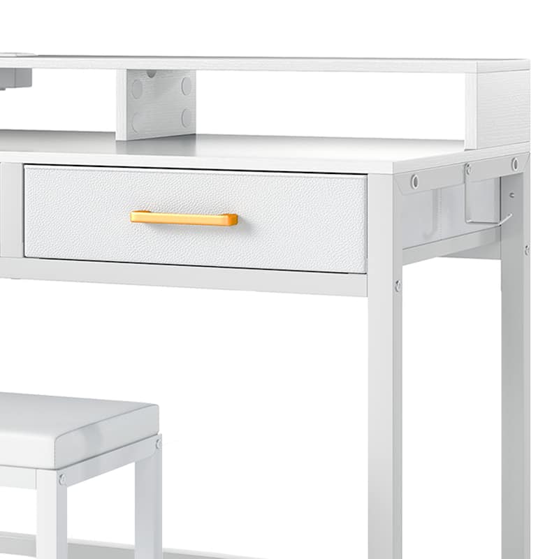 Moasis Vanity Desk with Mirror & Lights, Cream White Makeup Table Set with Stool - 31.5'' W X 21.5''D X 30''H