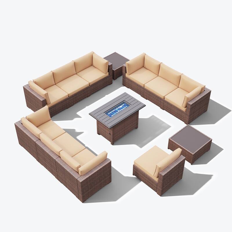 13 Piece Wicker Set Patio Sofa Furniture with Fire Pit And Table