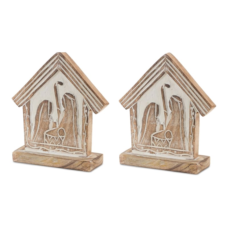 2 Brown White Wood Carved Nativity Barn Christmas decors 7.25"